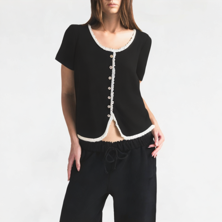 Black Lace-Trimmed Short-Sleeve Top