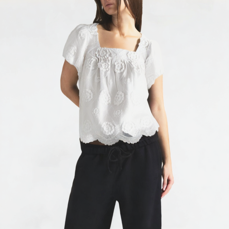 Three-Dimensional Flower Square Neck Short Sleeves 