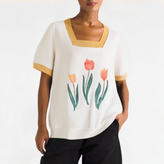 Contrast Color Square Collar Short Sleeves