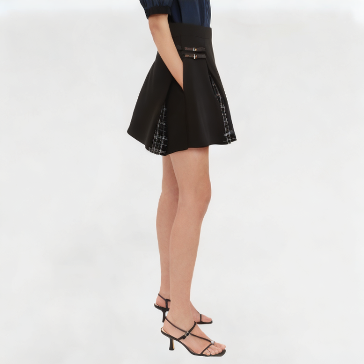 Versatile Patchwork Plaid Pleated Skirt