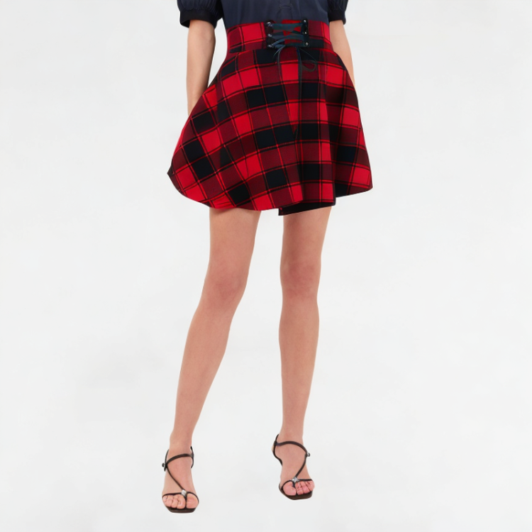 Fashionable Grid Pattern Lace-up Skirt 