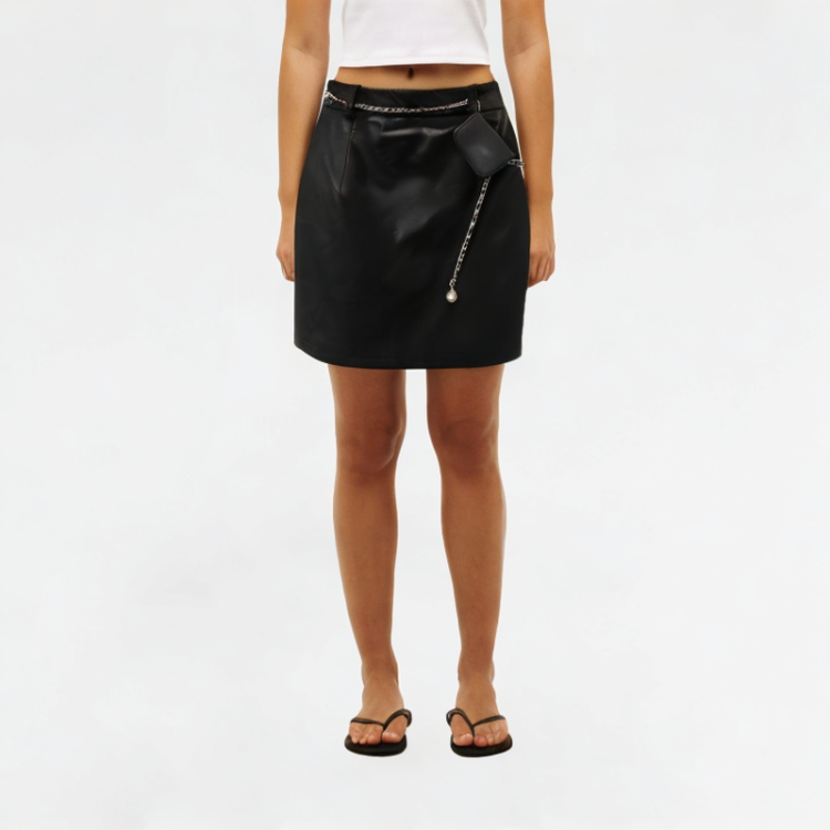 High-quality PU leather chain A-line skirt 