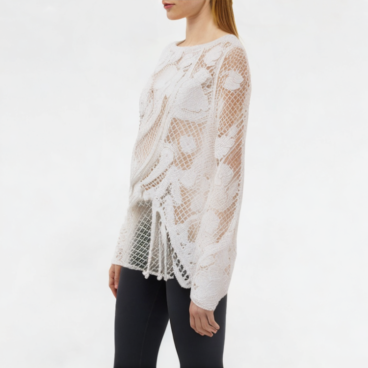 Round Neck Lace Hollow Long Sleeve Top