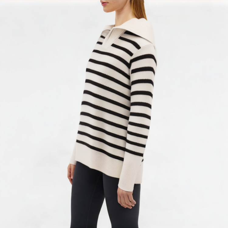 Spring Large Lapel Striped Knitted Long Sleeve 