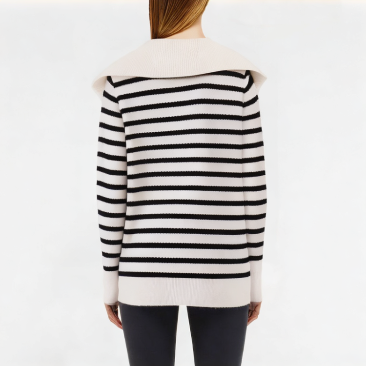 Spring Large Lapel Striped Knitted Long Sleeve 