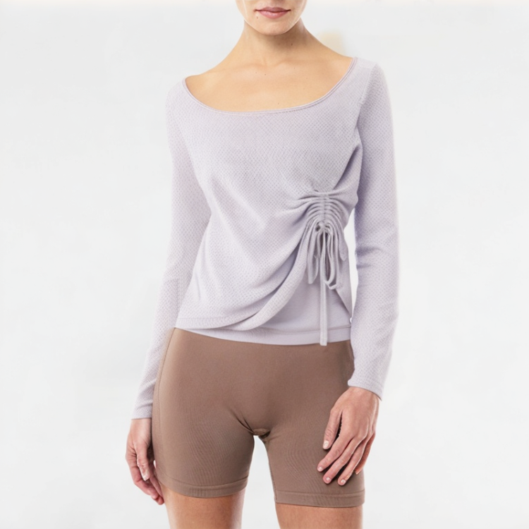 Solid Color U-Neck Pleated Long Sleeve 