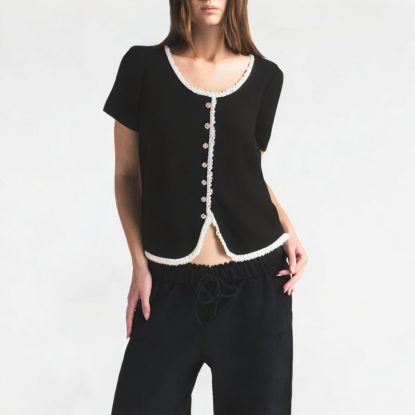 Black Lace-Trimmed Short-Sleeve Top