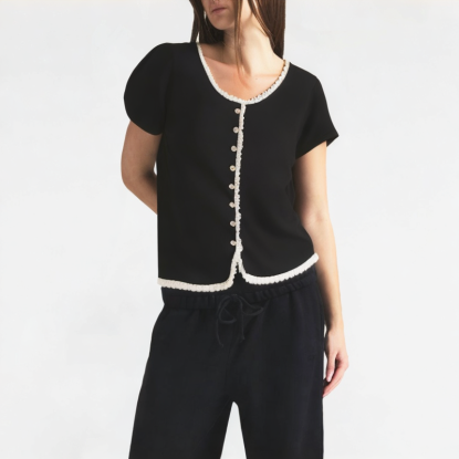 Black Lace-Trimmed Short-Sleeve Top