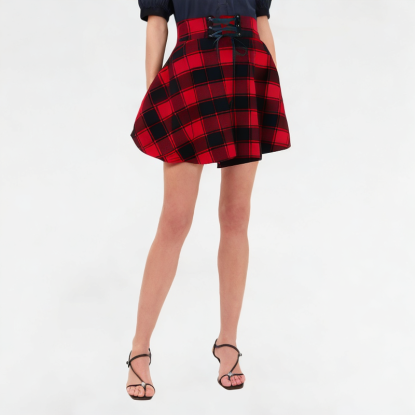 Fashionable Grid Pattern Lace-up Skirt 